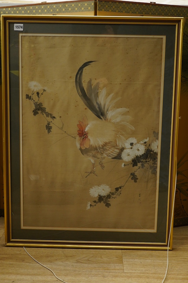 A Chinese silk painting, bird amongst flowers and a four fold screen, largest 89cm high